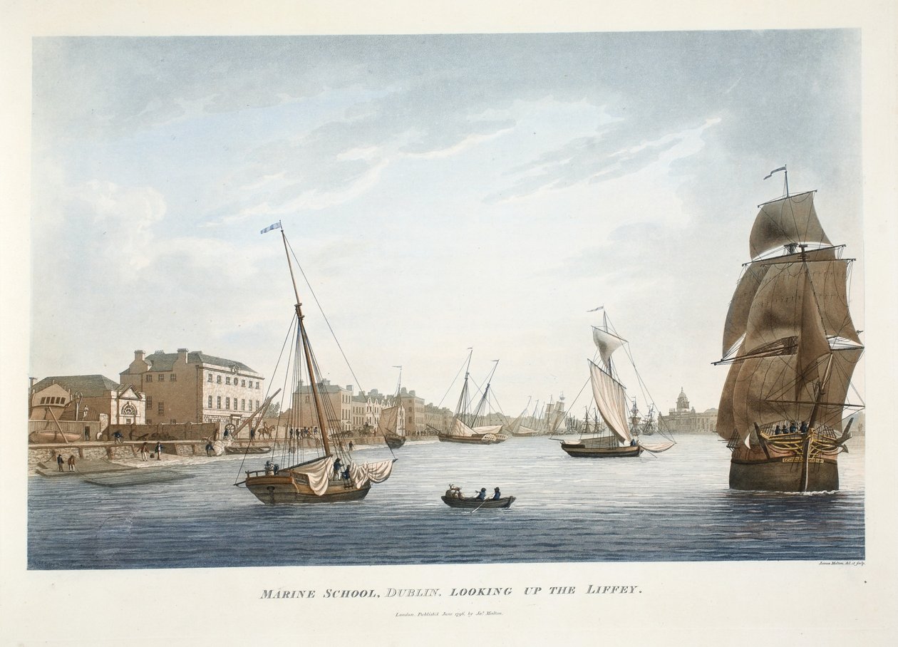 Marine School, Dublin, Blick auf den Liffey, 1796 von James Malton