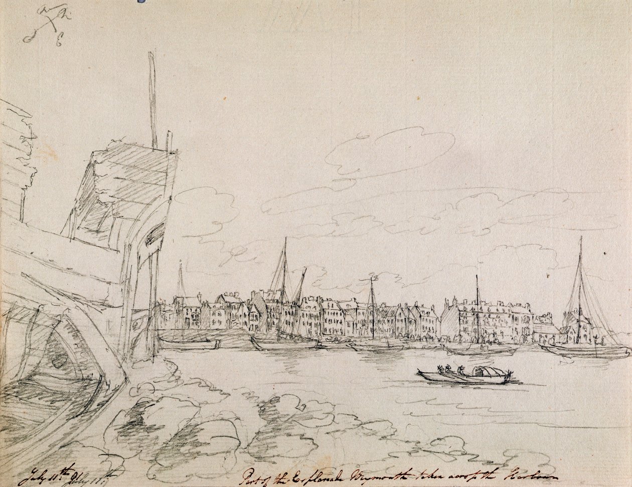 Teil der Esplanade in Plymouth, über den Hafen hinweg aufgenommen, 1791 von James Moore