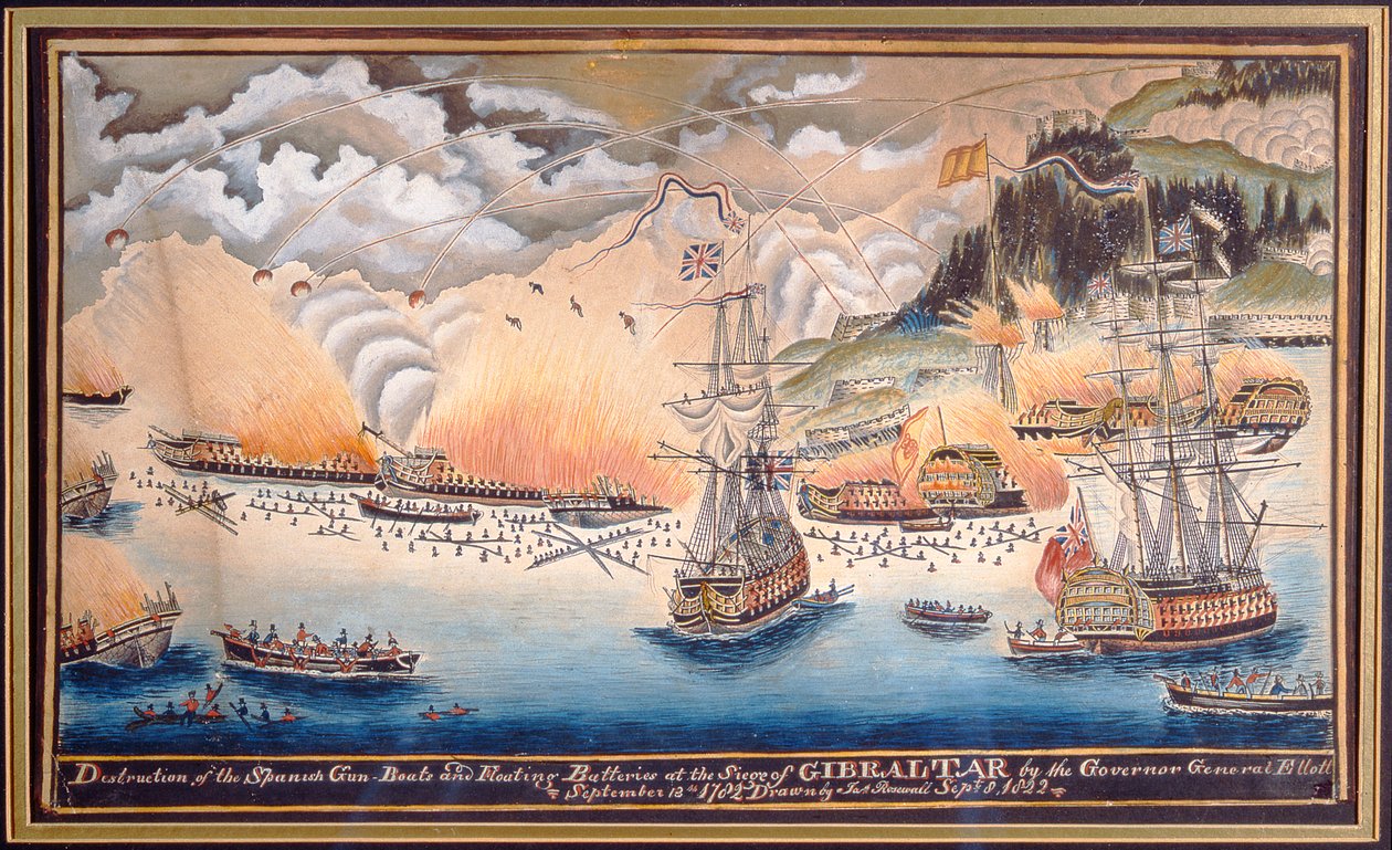 Die Zerstörung der spanischen Kanonenboote und schwimmenden Batterien bei der Belagerung von Gibraltar durch den Generalgouverneur Eliott, 13. September 1782, 1822 von James Rosewall