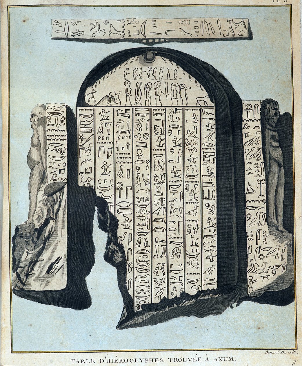 Tafel der Hieroglyphen gefunden in Axoum (Aksoum) - in „Reise nach Nubien und Abessinien unternommen, um die Quellen des Nils zu entdecken, in den Jahren 1768 bis 1772“, von James Bruce, Bd. 1, Paris von James Bruce