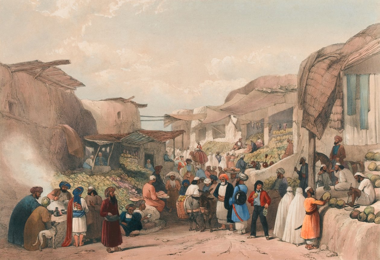 Die Hauptstraße im Basar von Kabul in der Obstzeit, ca. 1839 von James (after) Atkinson