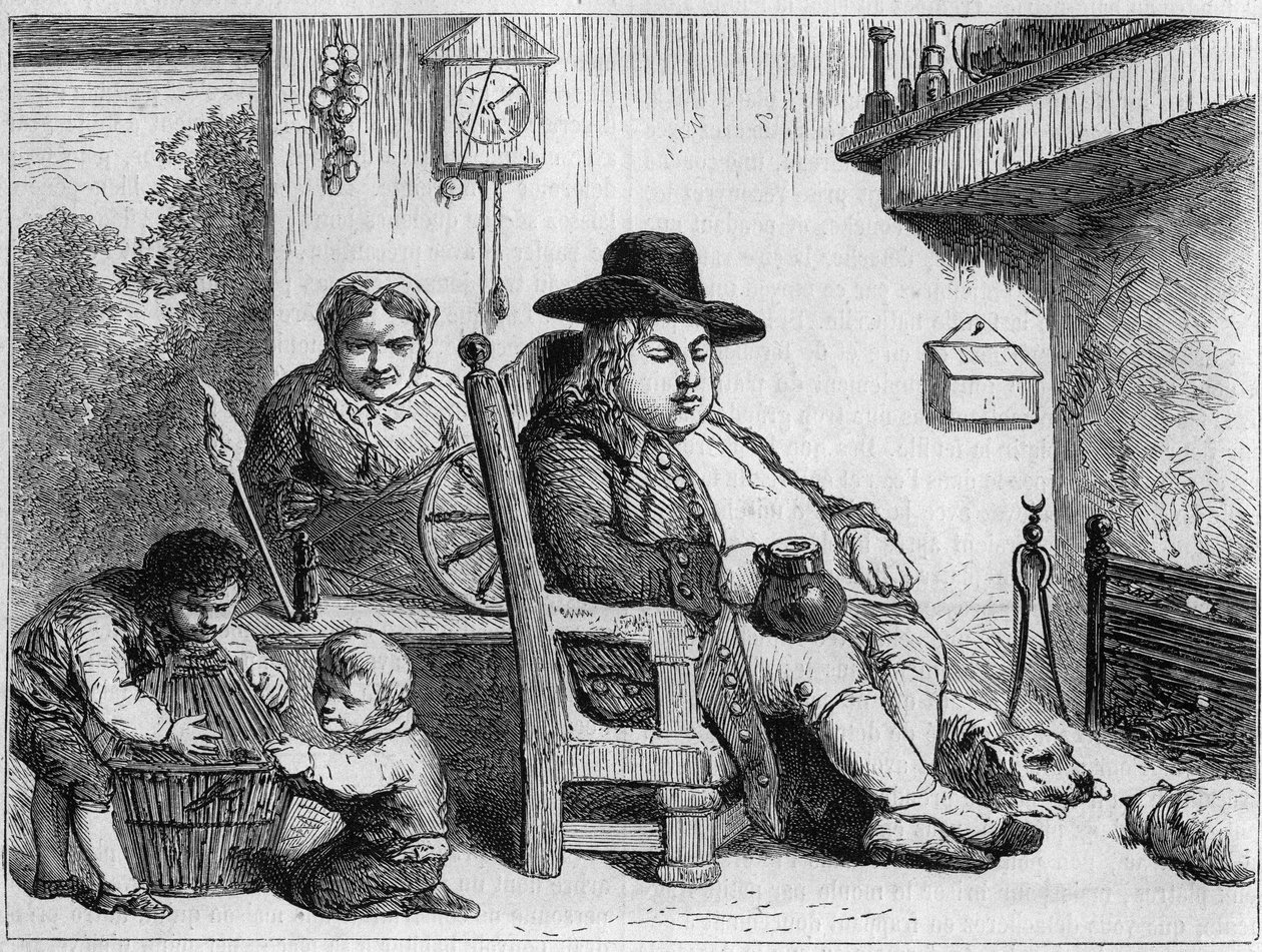 John Bull glücklich: John Bull (typische englische Figur, Symbol Englands) zu Hause mit seiner Frau und seinen Kindern. Gravur von Gilbert nach Gillray. In „Le Magasin pittoresque“ von James (after) Gillray