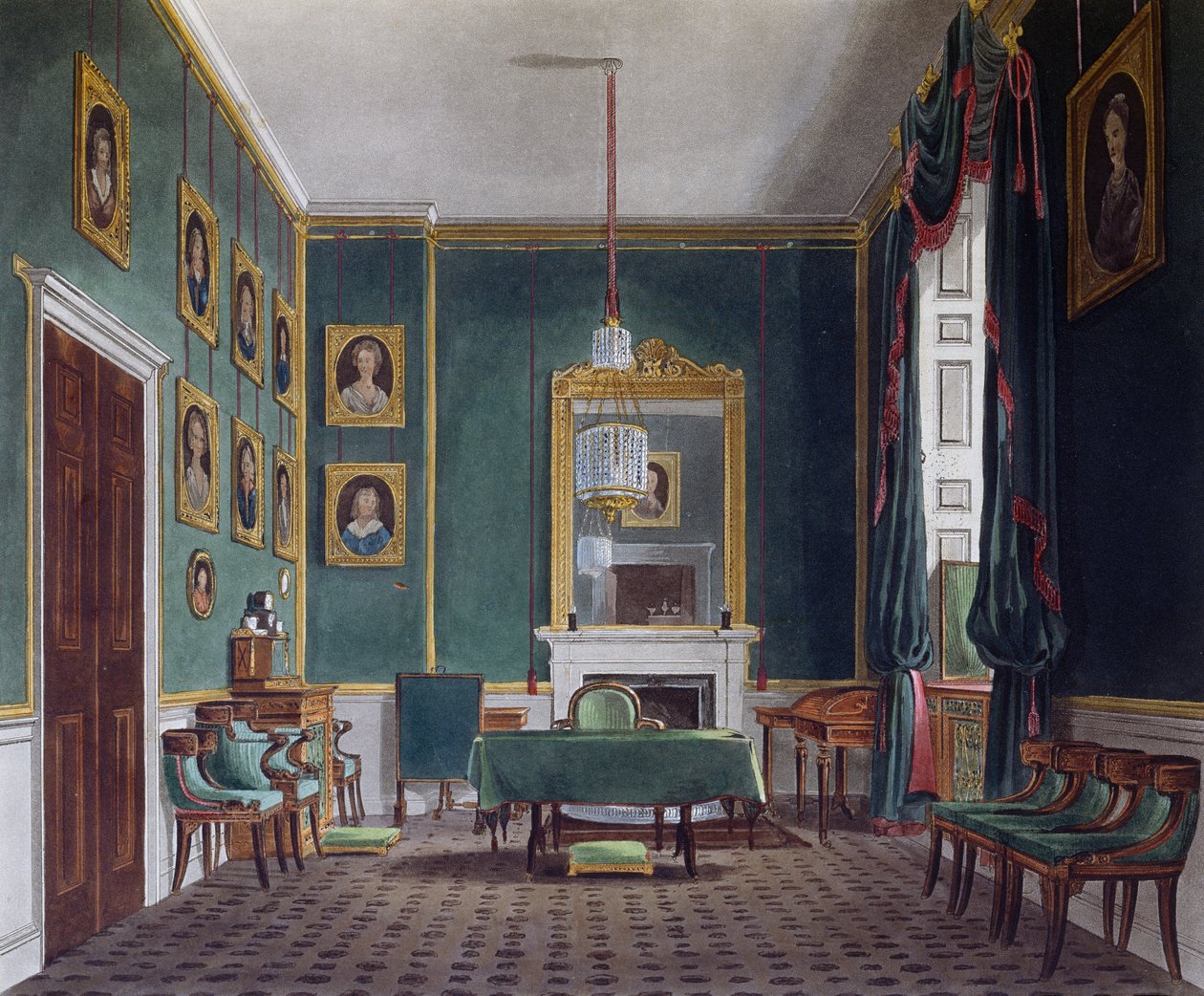 Grünes Rückzugszimmer, Gravur von Daniel Havell (1785-1826), basierend auf einem Entwurf von James Stephanoff (ca. 1788-1874), aus The History of the Royal Residences von James (after) Stephanoff