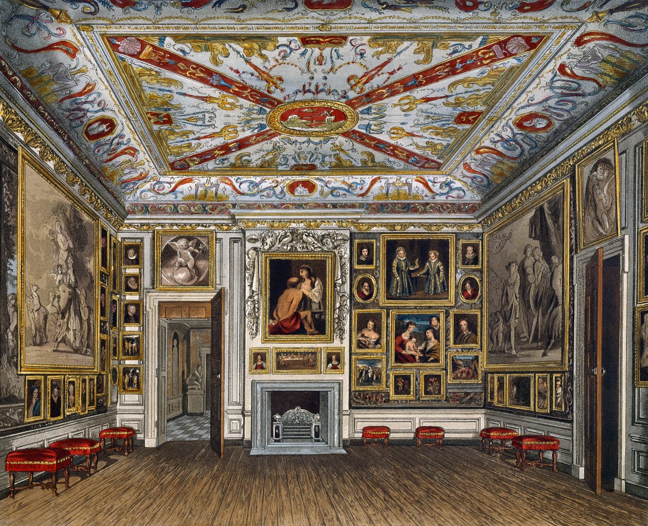Besprechungsraum, Gravur von Daniel Havell, basierend auf einem Entwurf von James Stephanoff, aus The History of the Royal Residences von James (after) Stephanoff