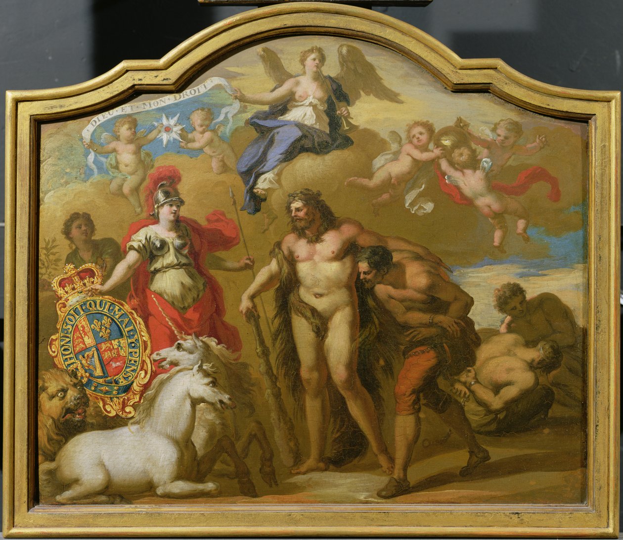 Allegorie der Macht Großbritanniens zu Lande, Entwurf für ein dekoratives Paneel für die Zeremonienkutsche von George I., ca. 1718 von James (attr. to) Thornhill