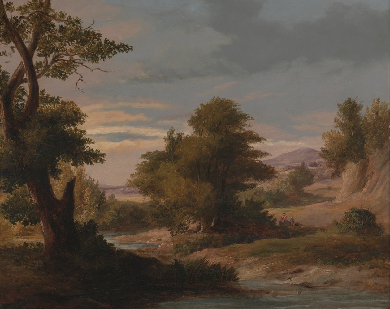 Eine bewaldete Flusslandschaft mit Mutter und Kind von James Arthur O