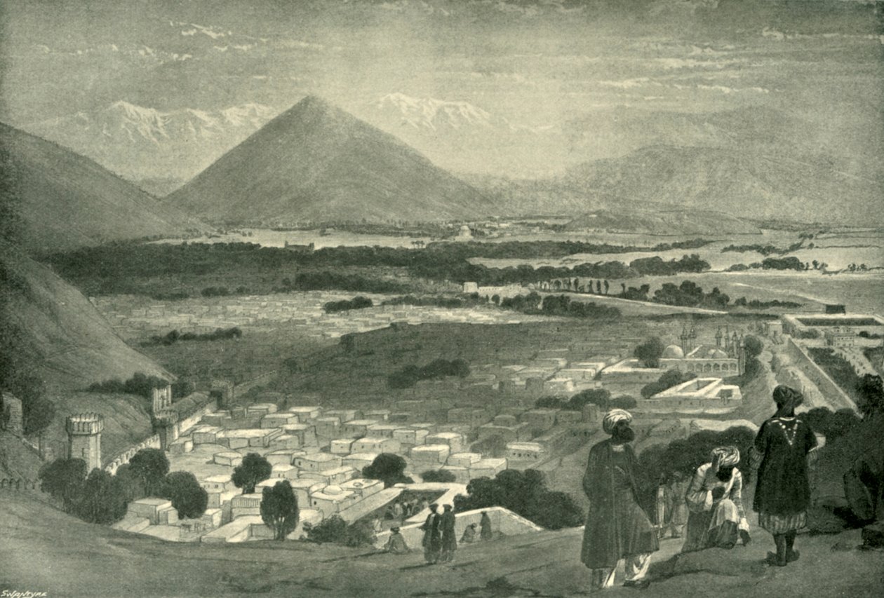 Die Bala Hissar und die Stadt Kabul vom oberen Teil der Zitadelle, um 1842 von James Atkinson