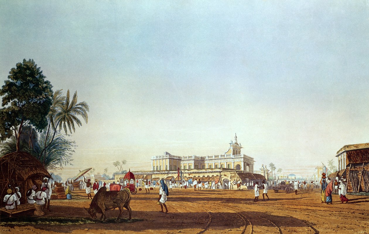 Lall Bazaar und die portugiesische Kapelle, Kalkutta, graviert von Robert Havell, veröffentlicht 1824 von James Baillie Fraser