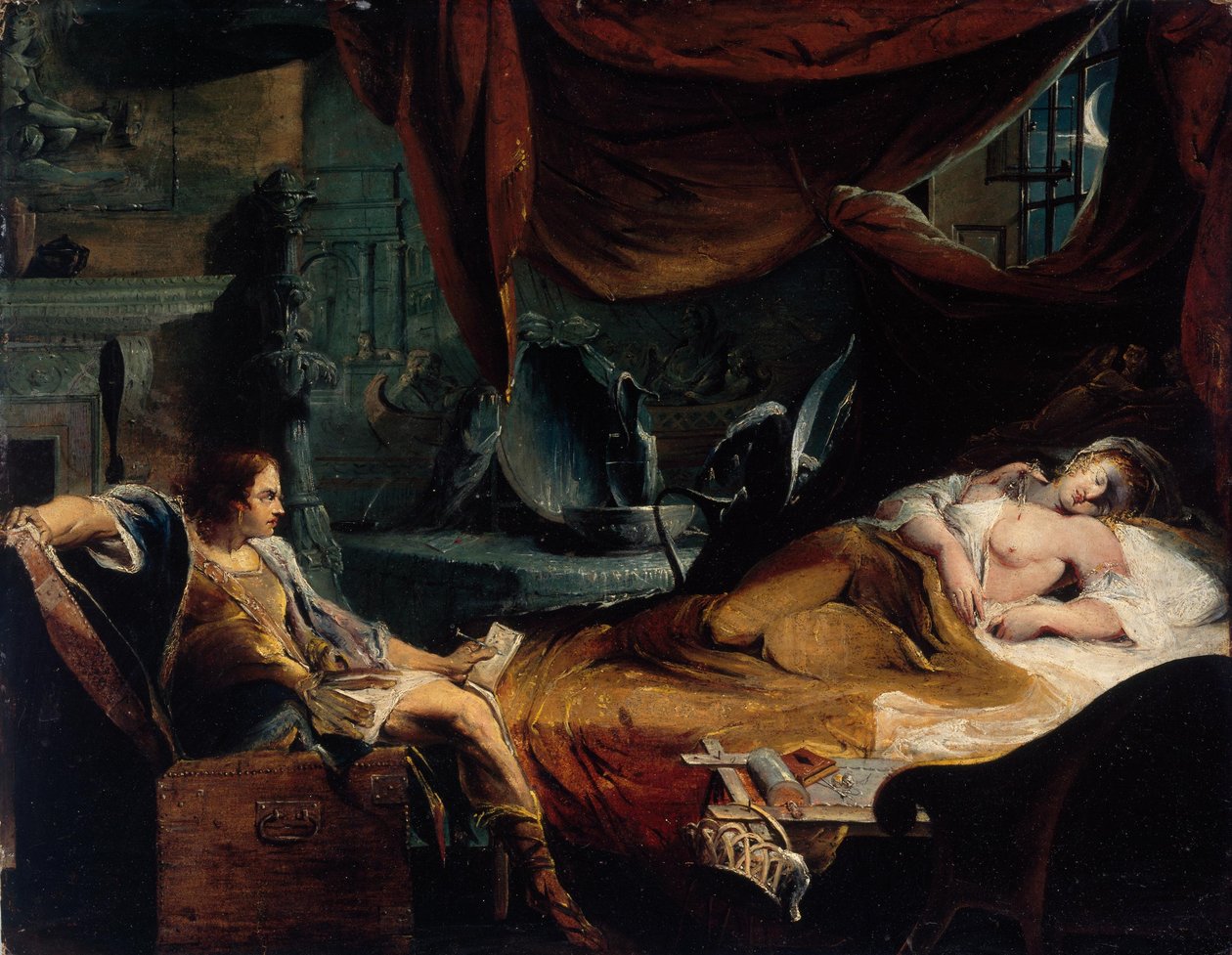 Iachimo, der aus der Truhe in Imogens Kammer auftaucht von James Barry