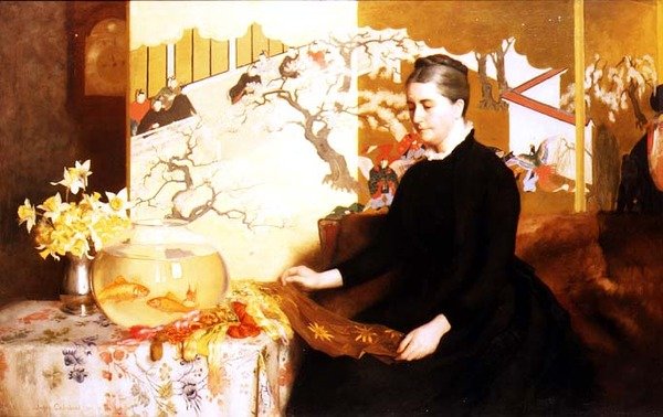 Dame mit japanischem Paravent und Goldfisch (Porträt der Mutter des Künstlers) von James Cadenhead
