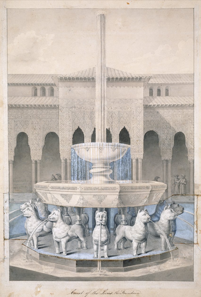 Brunnen im Löwenhof, Alhambra, aus The Arabian Antiquities of Spain, veröffentlicht 1815 (handkolorierte Gravur) von James Cavanagh Murphy