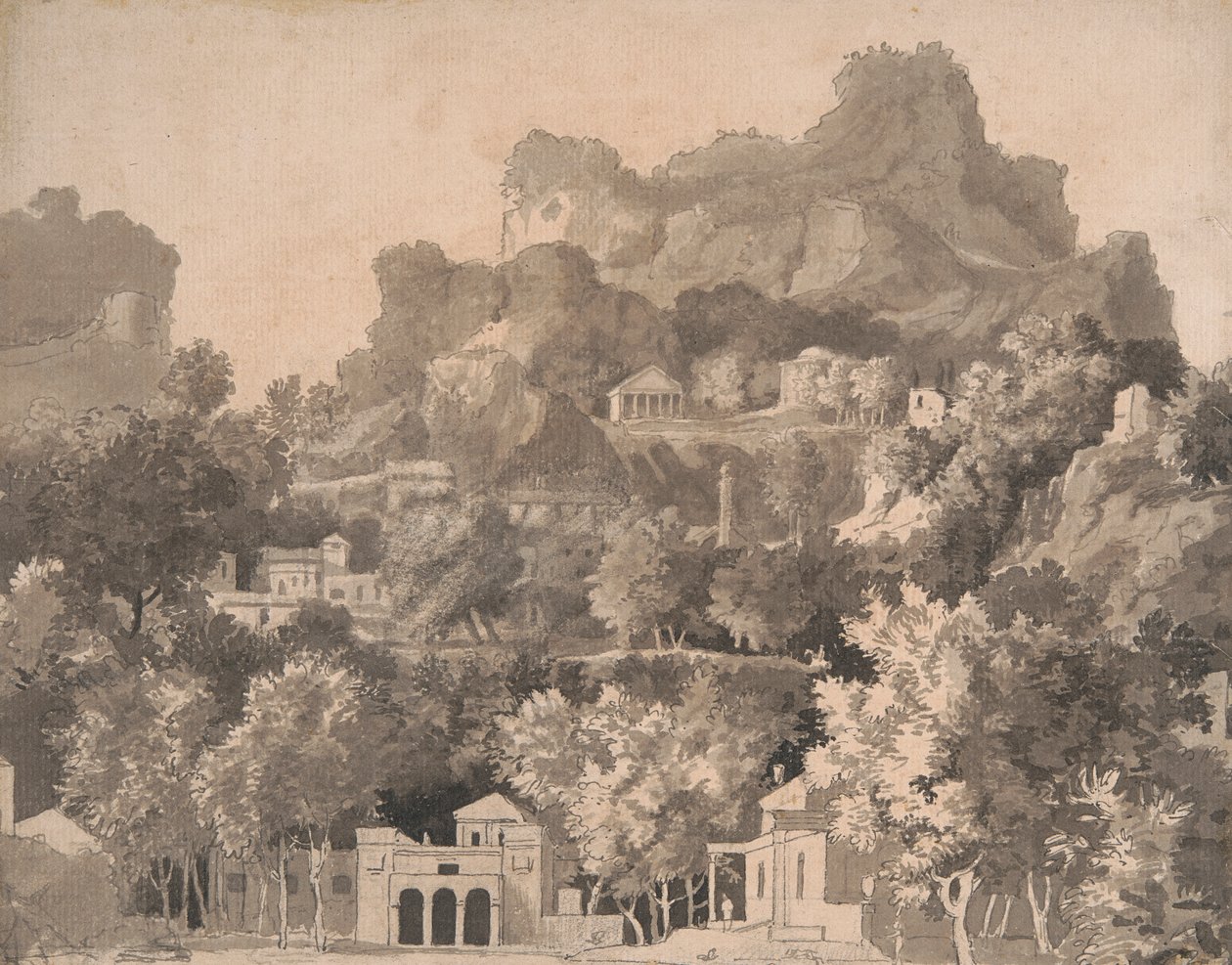 Felsige Landschaft mit klassischen Gebäuden von James Deacon