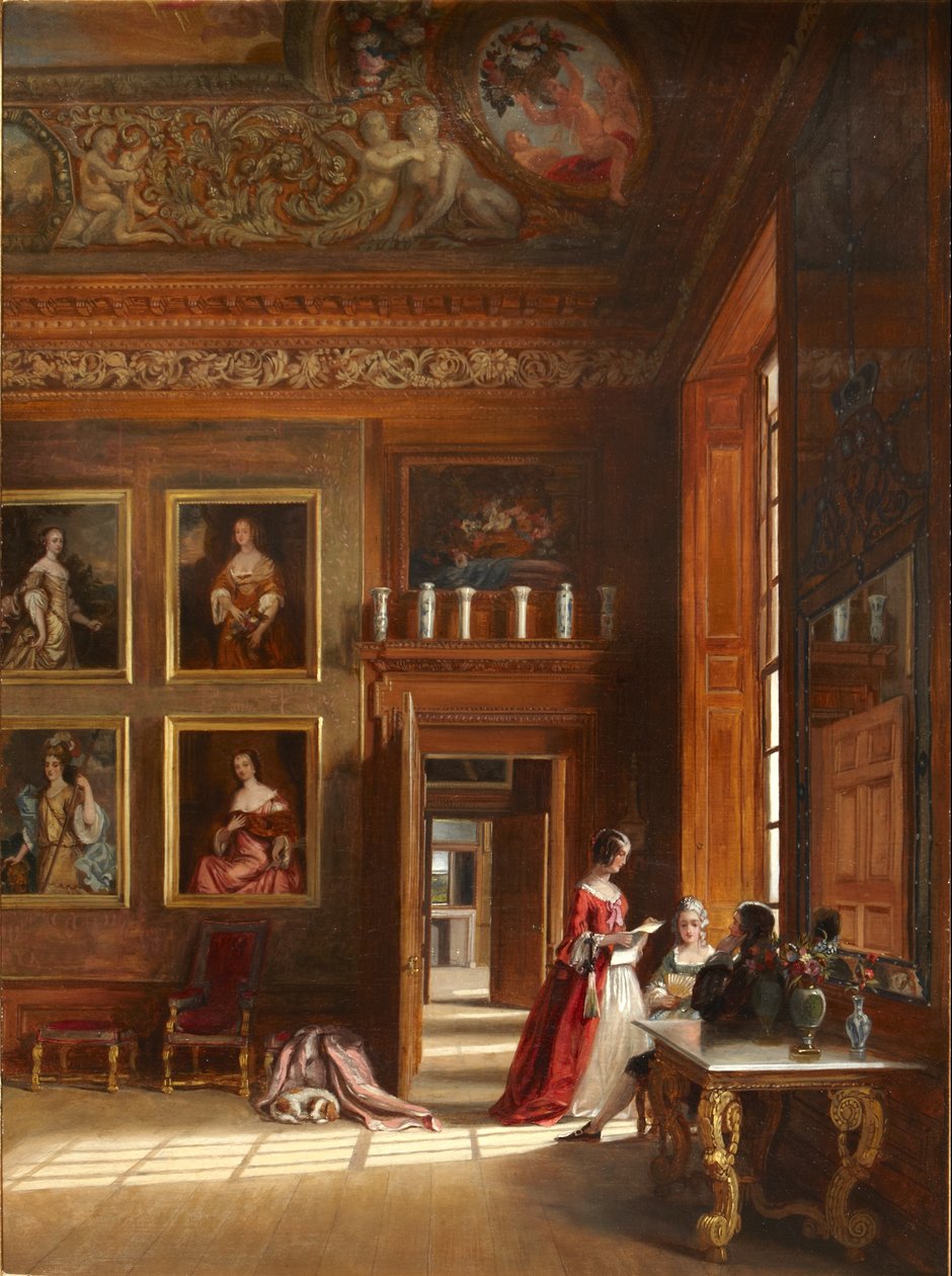Eine romantische Ansicht des großen Schlafzimmers des Königs mit einer Gruppe von Menschen in Kostümen des 17. Jahrhunderts, ca. 1703-05 von James Digman Wingfield