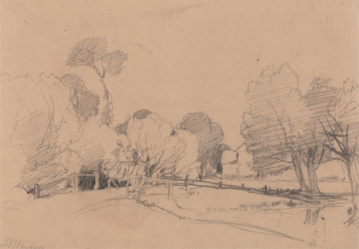 Weiden an einem Bach, Pferd und Wagen überqueren die Brücke von James Duffield Harding