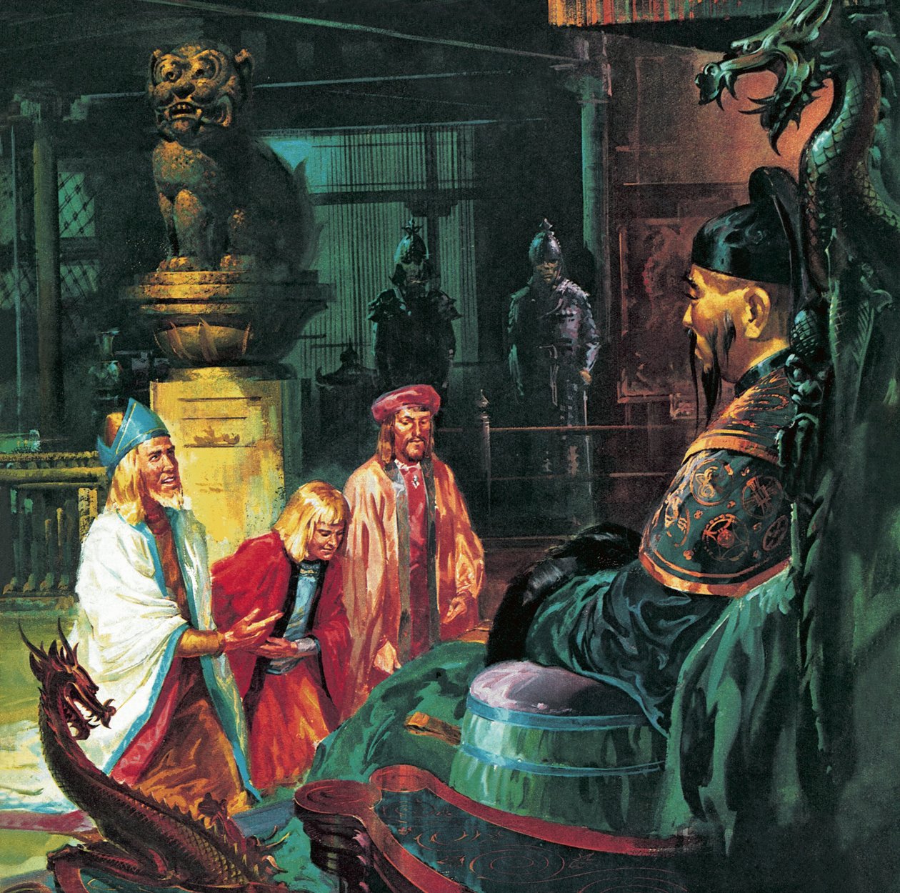 Marco Polo vor Kublai Khan, 20. Jahrhundert (Lithografie) von James Edwin McConnell