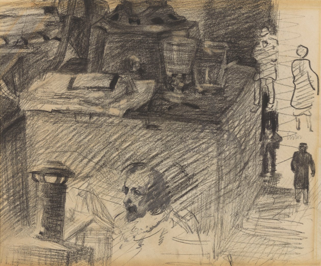 Ecke im Atelier mit Ofenfuß, Kiste und Figuren von James Ensor