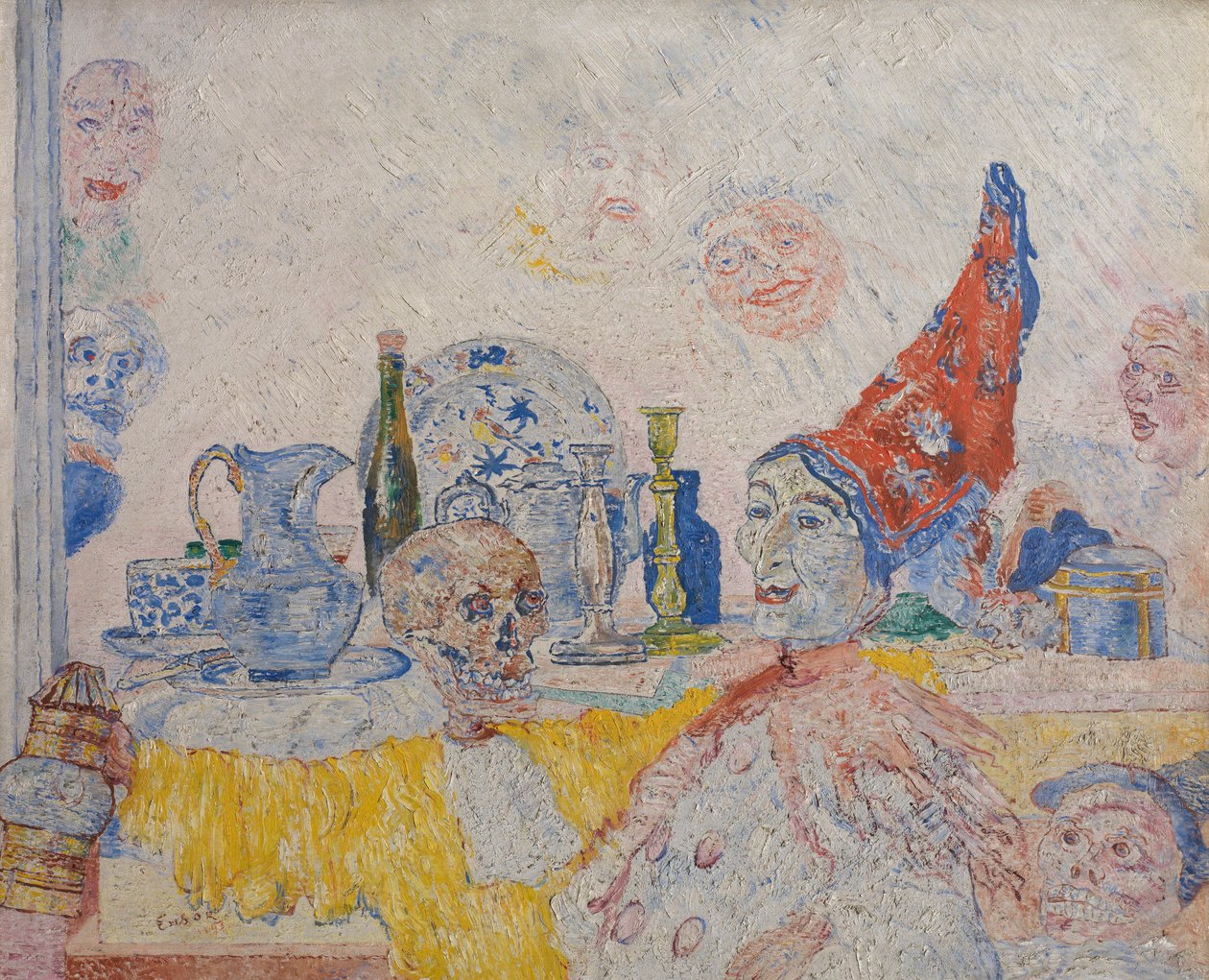 Pierrot und ein Skelett in einer gelben Toga von James Ensor