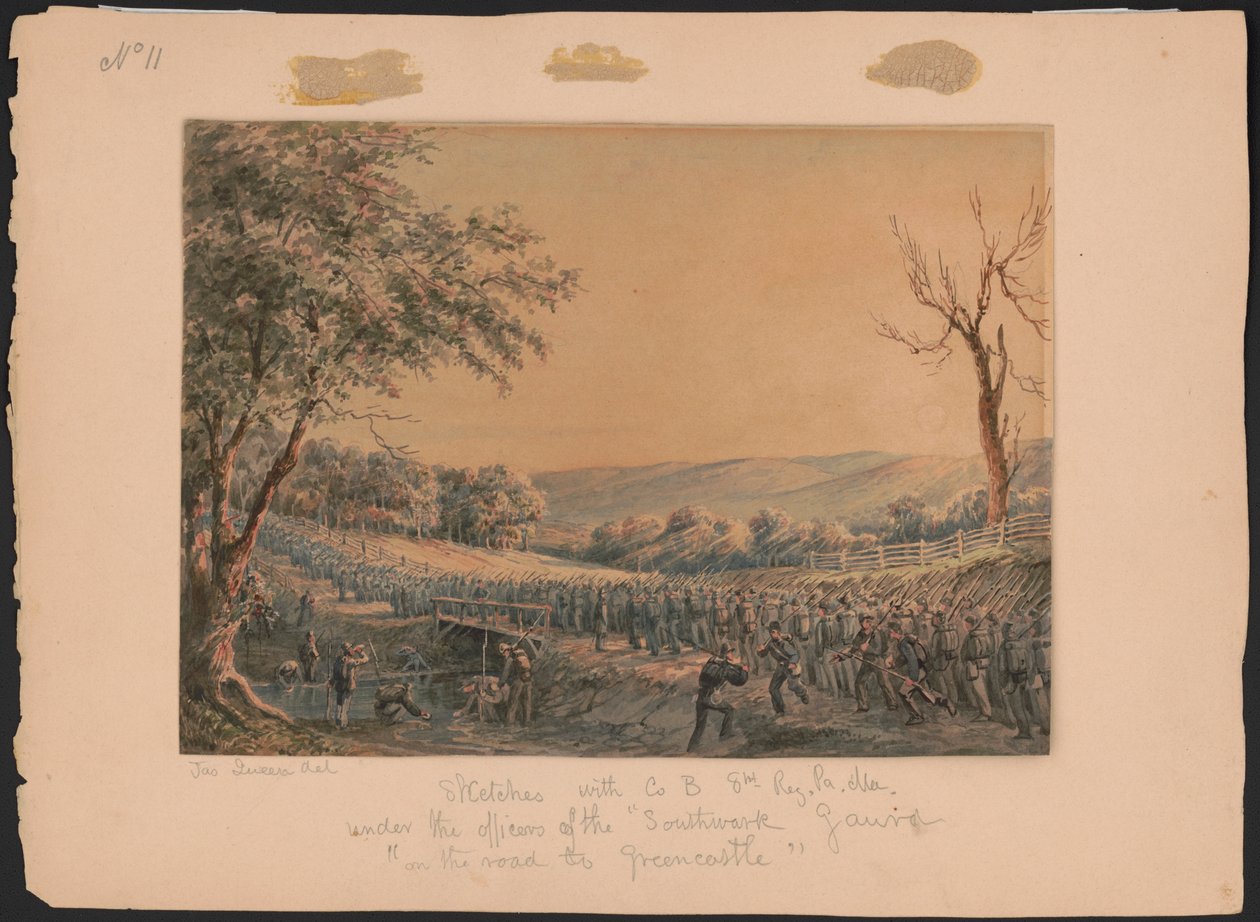 Skizzen mit Co. B, 8. Reg. Pa. Ma. unter den Offizieren der alten Southwark Garde auf dem Weg nach Greencastle von James Fuller Queen