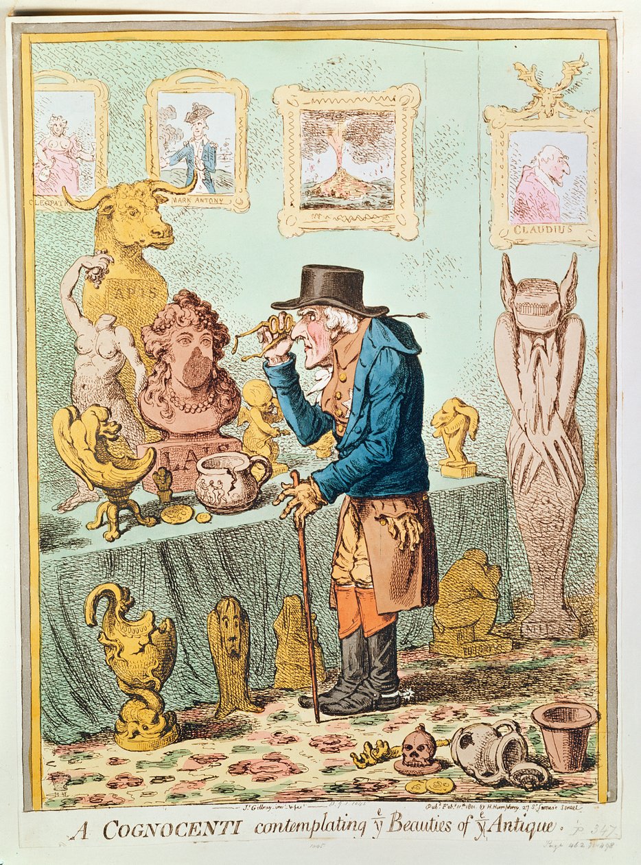 Ein Kenner betrachtet die Schönheiten der Antike, veröffentlicht von Hannah Humphrey, 1801 von James Gillray