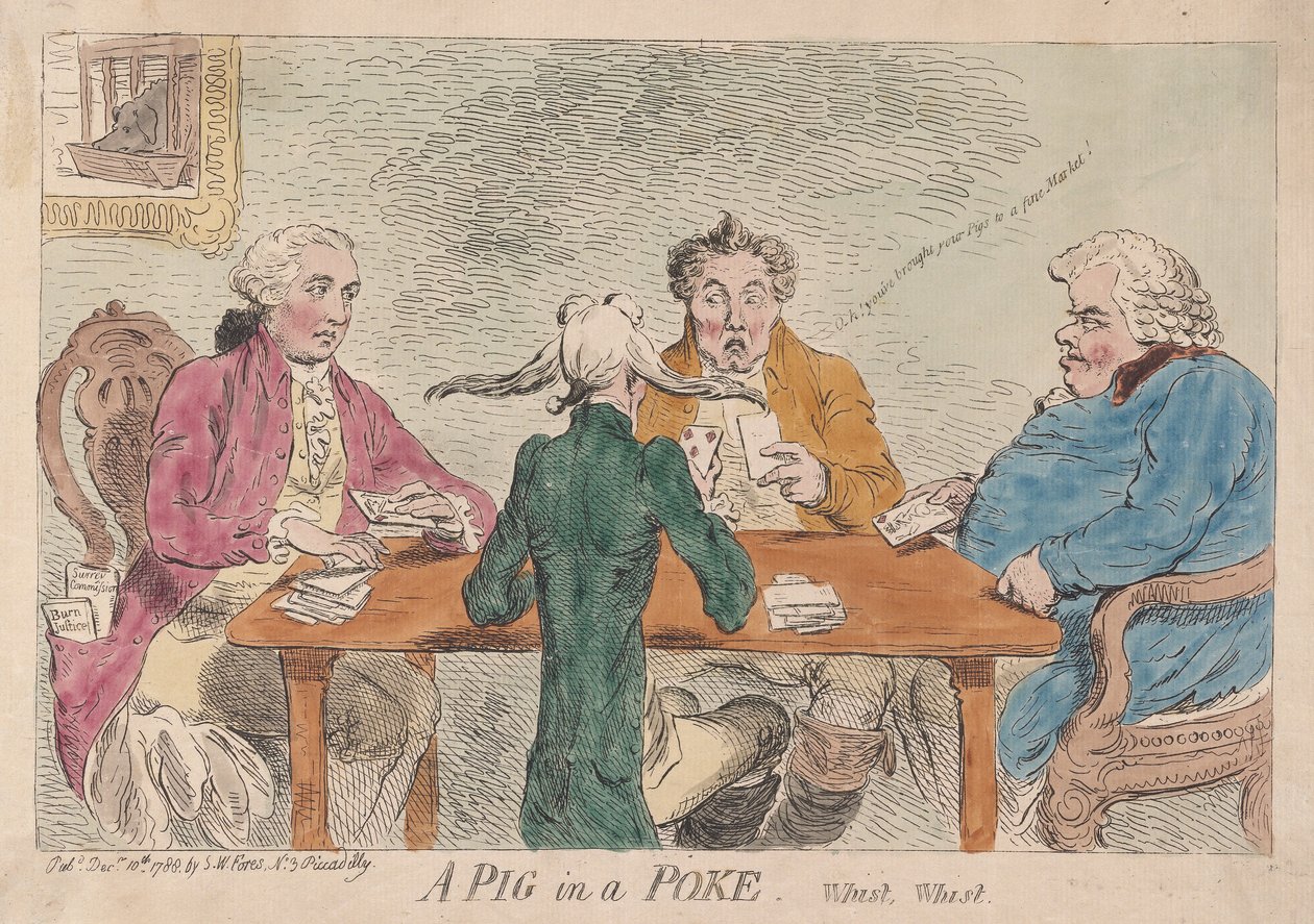 Ein Schwein im Sack, Whist, Whist, veröffentlicht 1788 von James Gillray