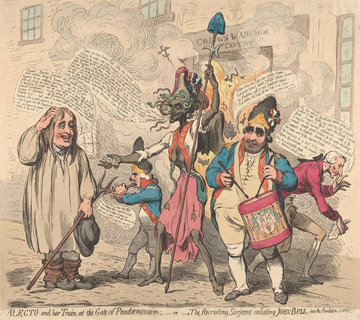 Alecto und ihr Gefolge am Tor von Pandämonium; - oder - Der Rekrutierungssergeant wirbt John Bull für den Revolutionsdienst von James Gillray