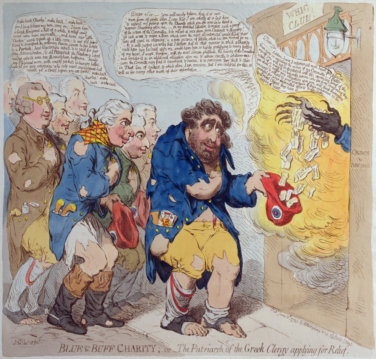 Blau und Buff Charity, oder Der Patriarch des griechischen Klerus bittet um Hilfe, veröffentlicht von Hannah Humphrey im Jahr 1793 (handkolorierte Radierung) von James Gillray