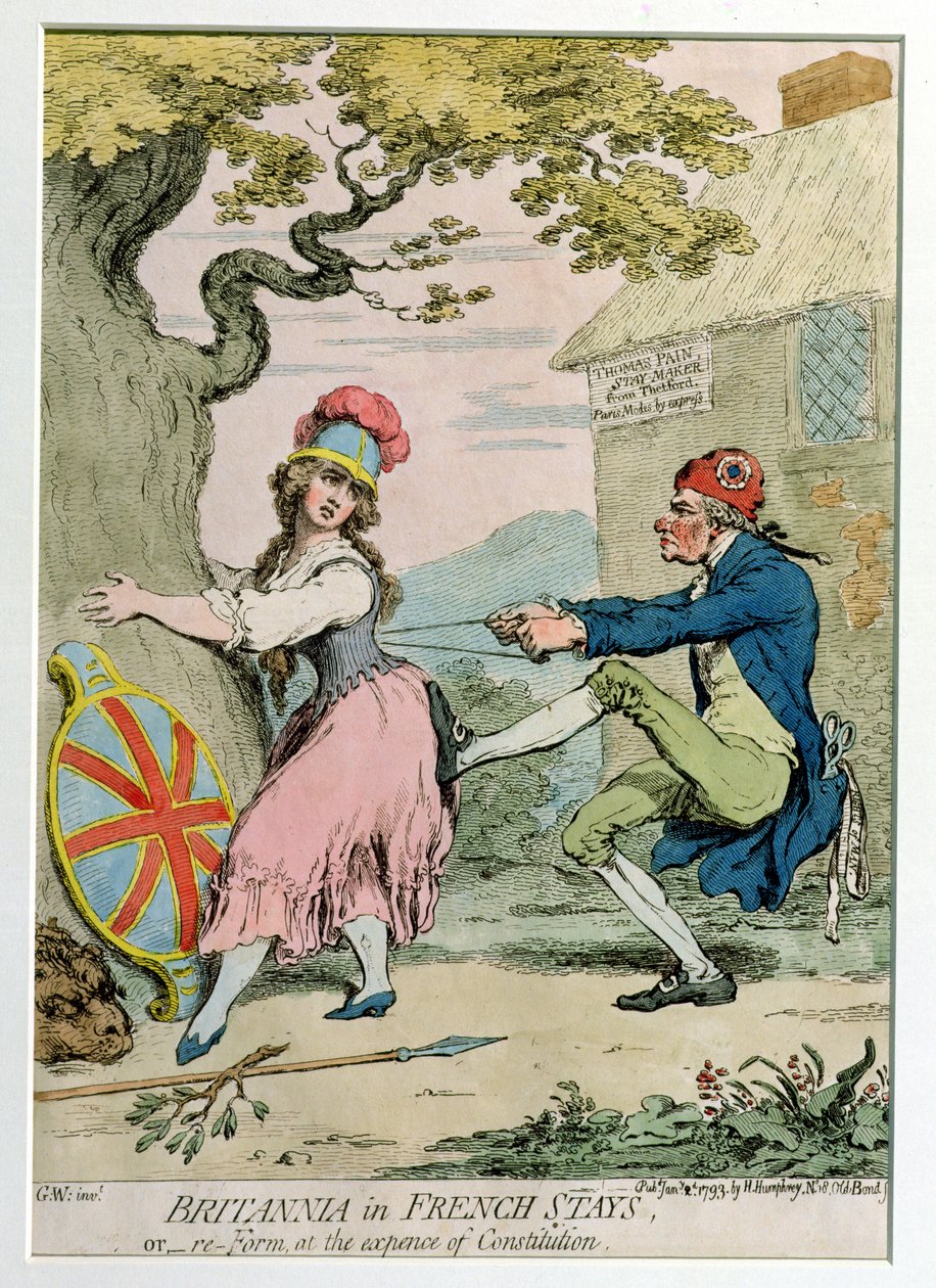 Britannia in französischen Korsetts, oder Reform auf Kosten der Verfassung, veröffentlicht von Hannah Humphrey 1793 (handkolorierte Radierung) von James Gillray