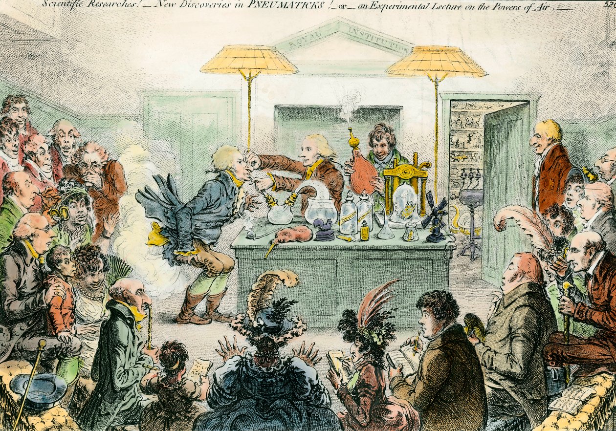 Englische Satire auf die Wissenschaft: neue Entdeckungen in pneumatischen Materialien. Satirische Zeichnung über die Begeisterung für wissenschaftliche Konferenzen im 19. Jahrhundert. Gravur von James Gillray (1757-1815) von James Gillray