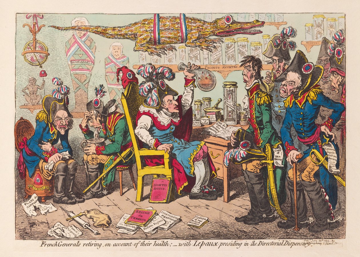 Französische Generäle treten aus gesundheitlichen Gründen zurück:- mit Lepaux, der in der Direktoriumsapotheke vorsitzt, veröffentlicht 1799 (handkolorierte Gravur) von James Gillray