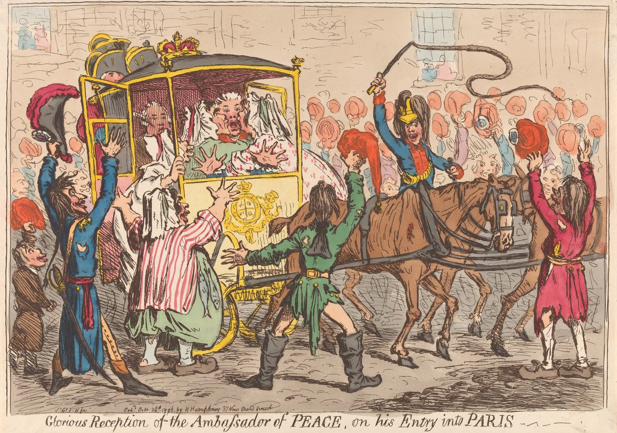 Glorreicher Empfang des Friedensbotschafters bei seinem Einzug in Paris von James Gillray