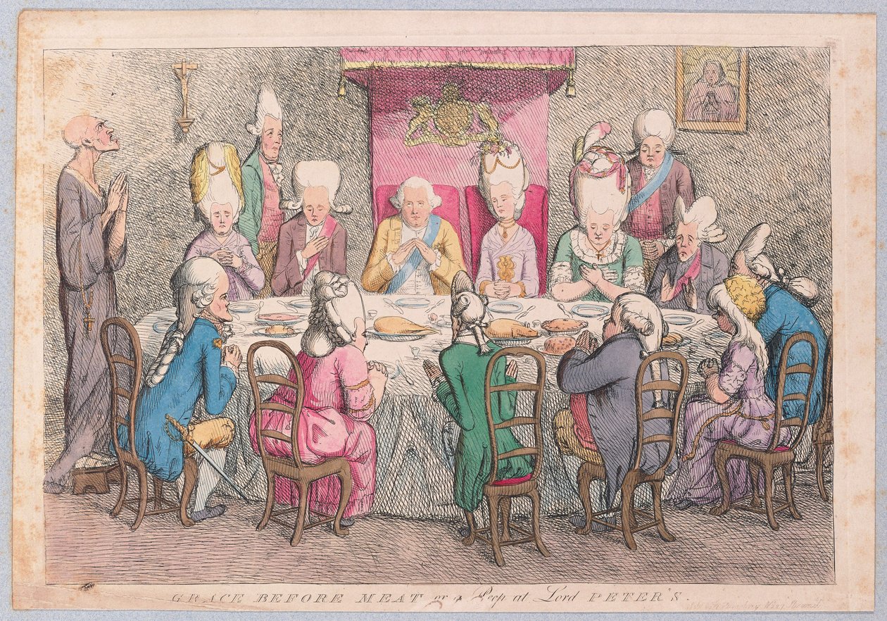 Gnade vor dem Essen oder ein Blick auf Lord Peters, veröffentlicht 1779 (handkolorierter Stich) von James Gillray
