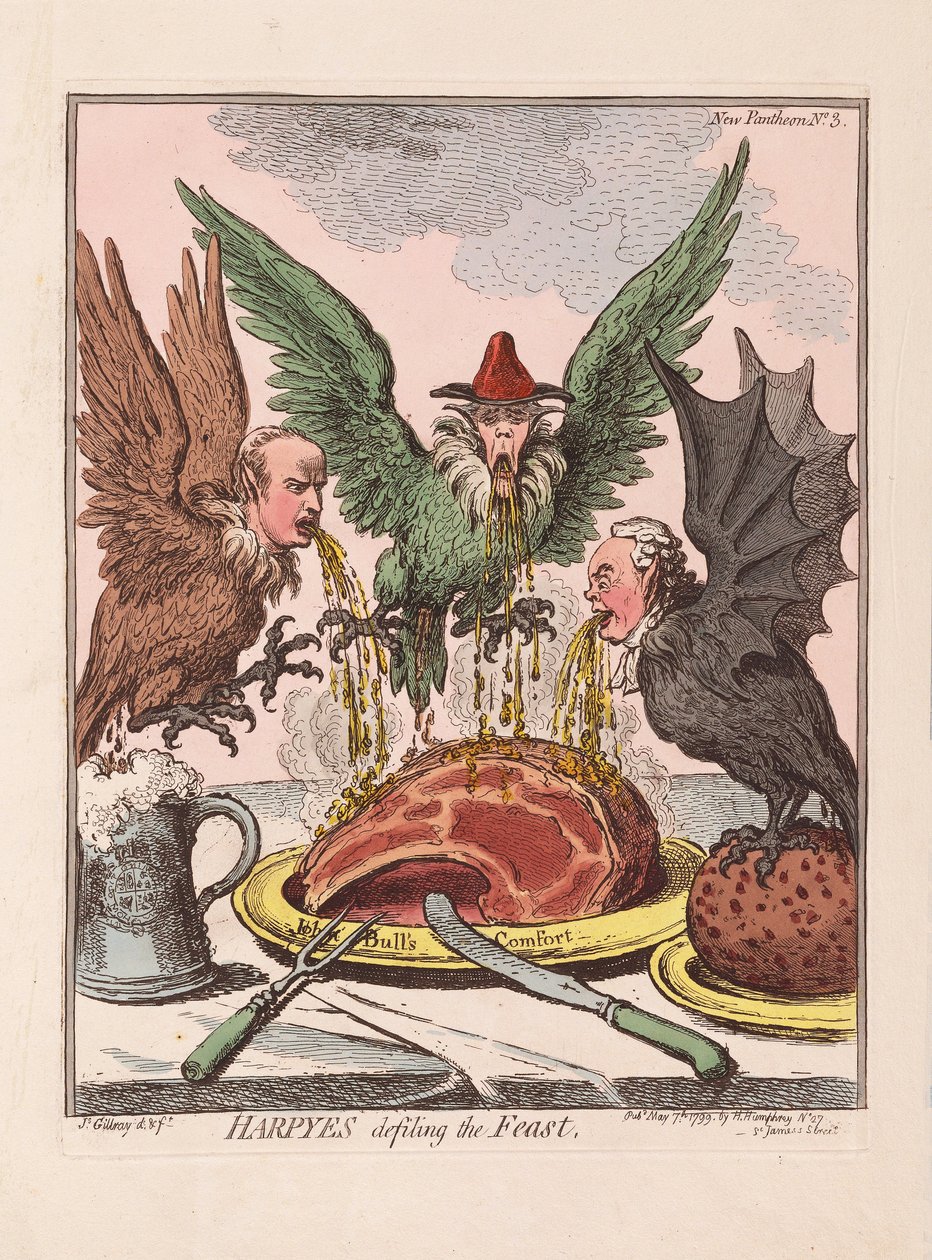 Harpien verunreinigen das Fest, veröffentlicht 1799 (handkolorierte Gravur) von James Gillray
