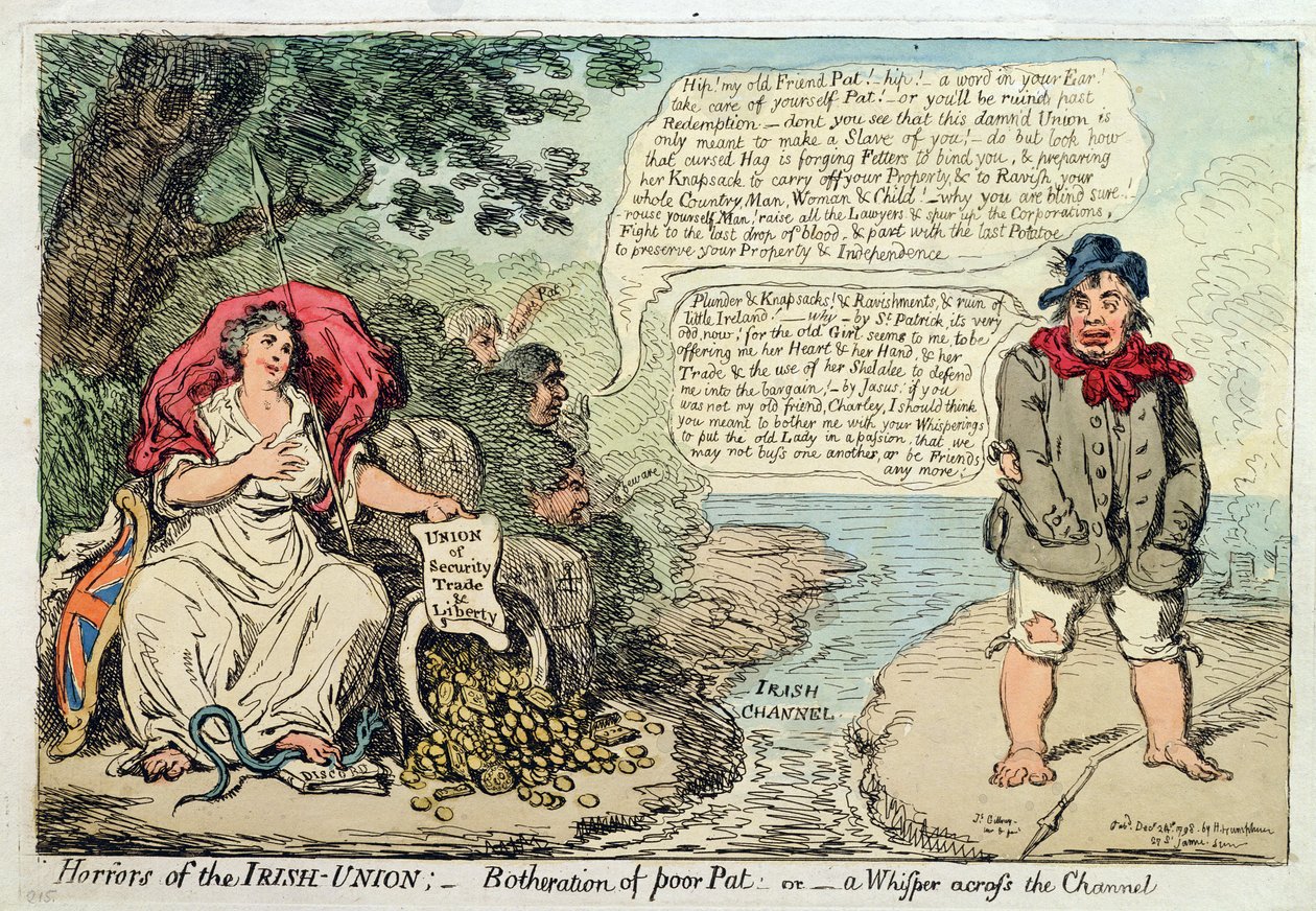 Schrecken der irischen Union: Ärgernis des armen Pat, oder Ein Flüstern über den Kanal, veröffentlicht von Hannah Humphrey, 1798 von James Gillray