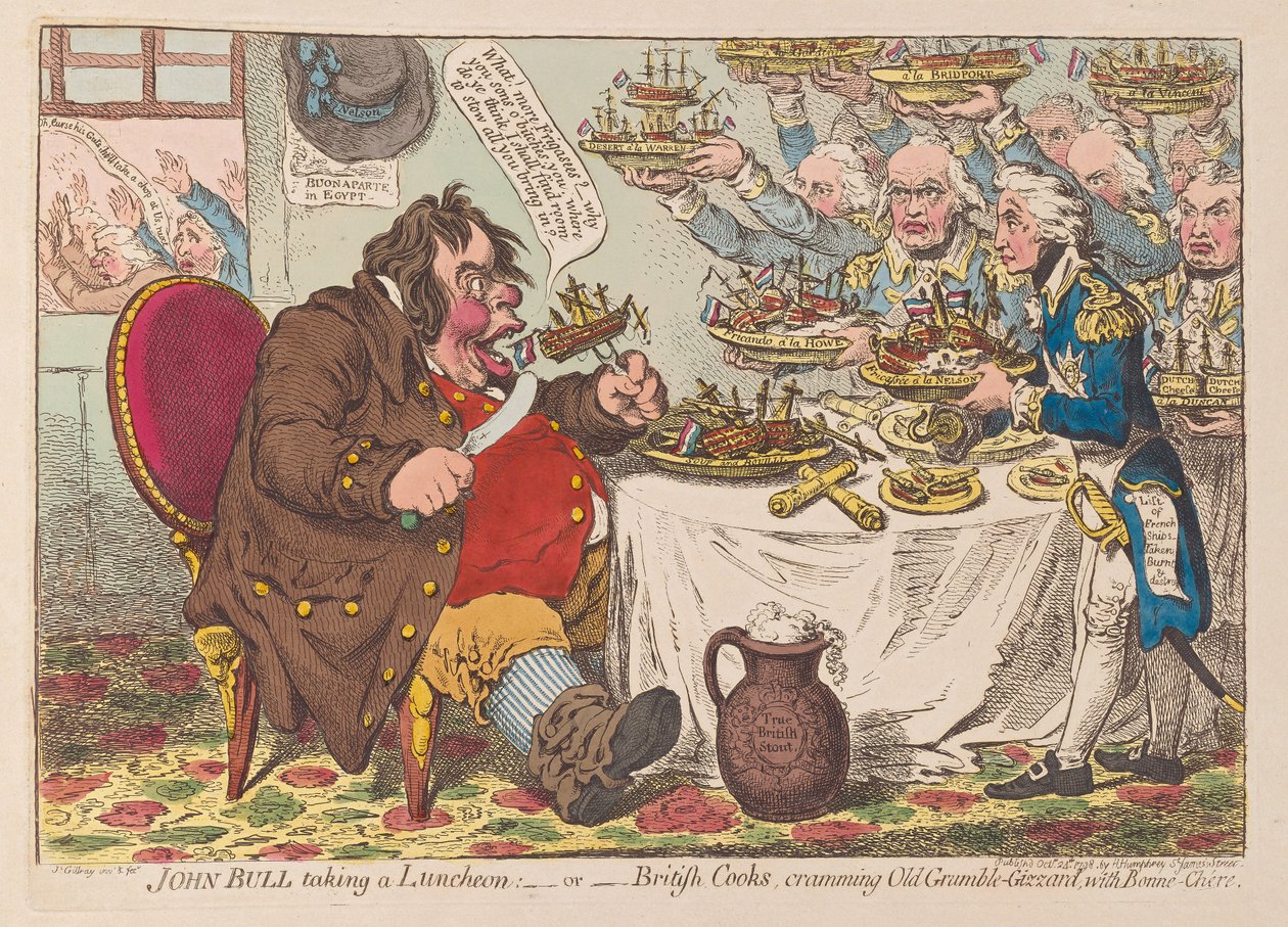 John Bull beim Mittagessen oder britische Köche stopfen Old Grumble Gizzard mit Bonne Chere voll, veröffentlicht 1798 von James Gillray