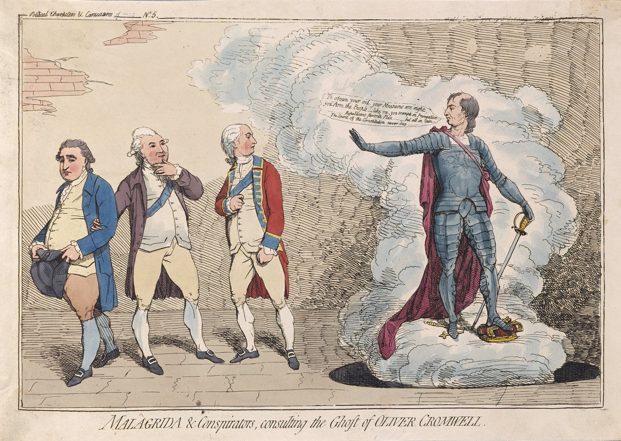 Malagrida & Verschwörer, die den Geist von Oliver Cromwell konsultieren, veröffentlicht 1782 von James Gillray