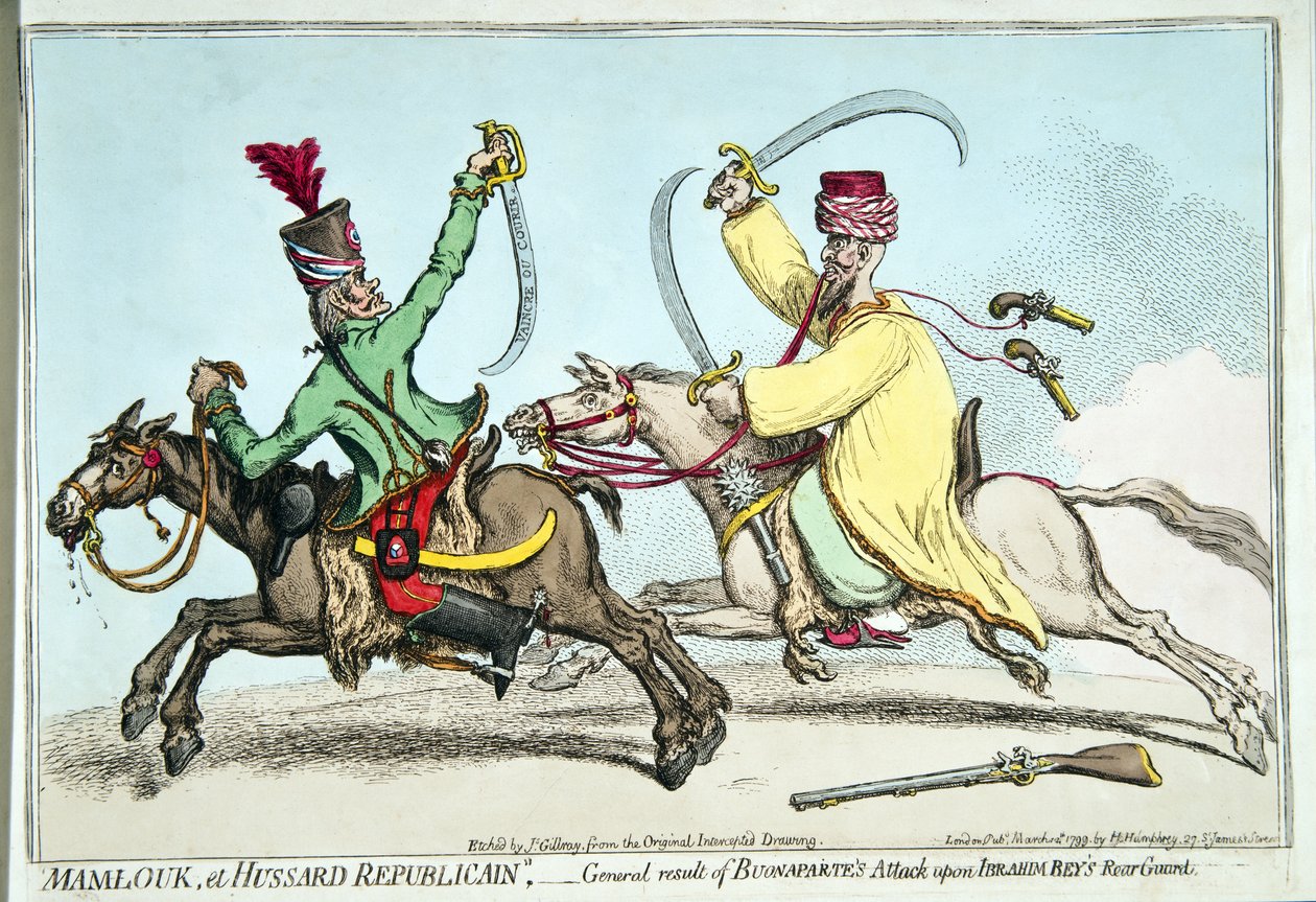 Mamlouk und Republikanischer Husar, oder das Gesamtergebnis von Bonapartes Angriff auf die Nachhut von Ibrahim Bey, veröffentlicht von Hannah Humphrey 1799 von James Gillray