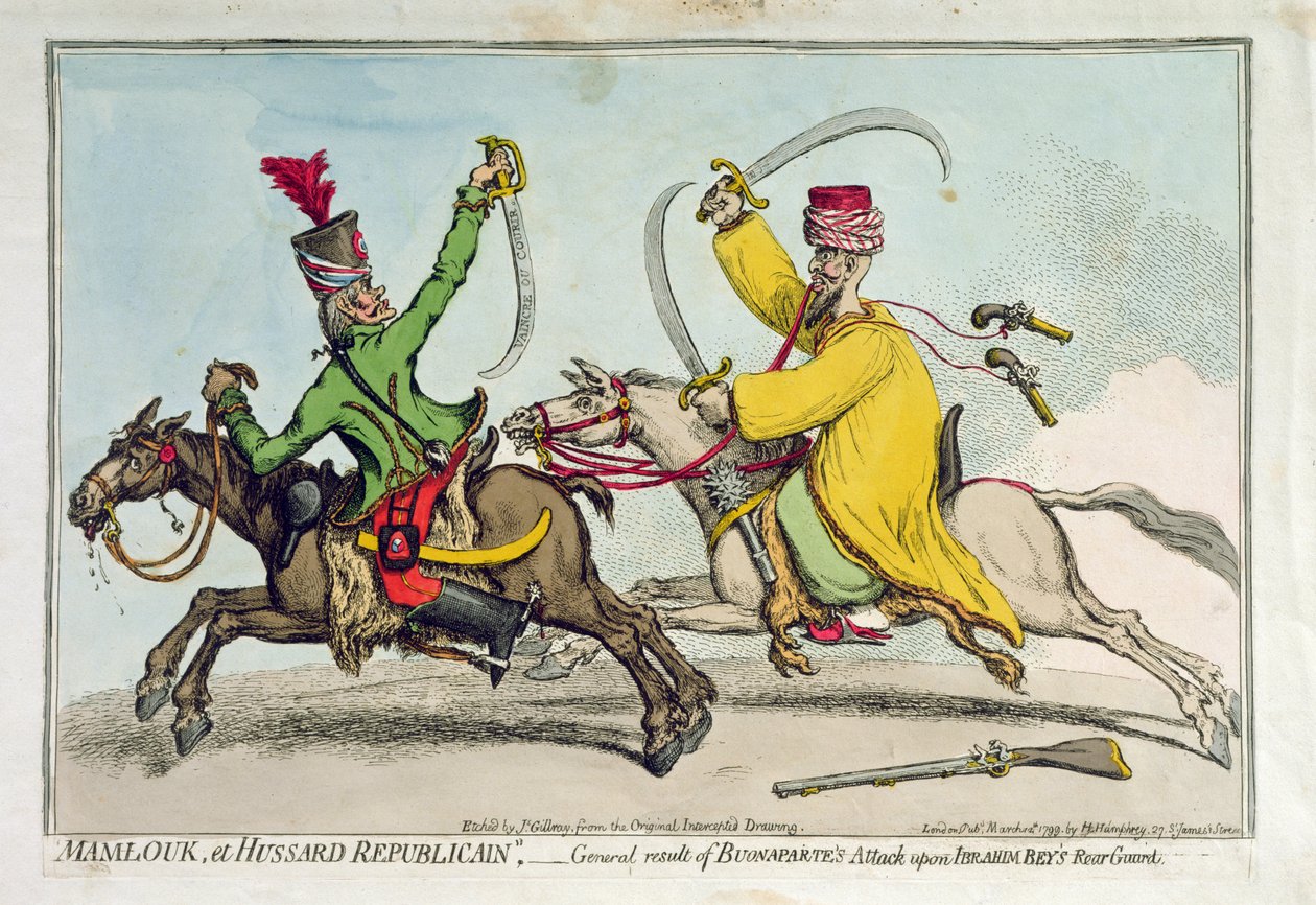Mamlouk und Republikanischer Husar, oder das allgemeine Ergebnis von Bonapartes Angriff auf die Nachhut von Ibrahim Bey, veröffentlicht von Hannah Humphrey im Jahr 1799 von James Gillray