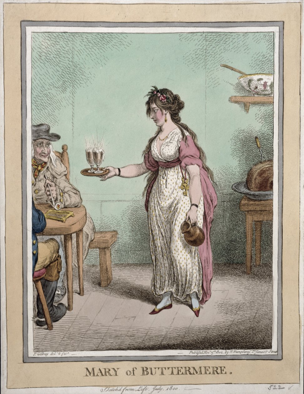Mary von Buttermere, nach dem Leben skizziert im Juli 1800, veröffentlicht von Hannah Humphrey im Jahr 1802 von James Gillray