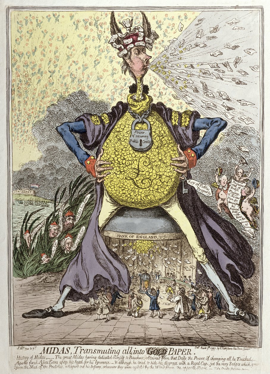 Midas verwandelt alles in Gold Papier, veröffentlicht von Hannah Humphrey 1797 von James Gillray