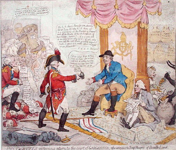 Pantagruels siegreiche Rückkehr an den Hof von Gargantua nach der Ausrottung der Soup-Meagres von Bouaille Land, veröffentlicht von Hannah Humphrey im Jahr 1794 (handkolorierte Radierung) von James Gillray