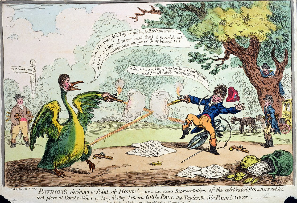 Patrioten entscheiden eine Ehrensache! oder Eine genaue Darstellung des Treffens, das am 2. Mai 1807 in Coombe Wood zwischen Little Paul dem Schneider und Sir Francis Goose stattfand, veröffentlicht von Hannah von James Gillray