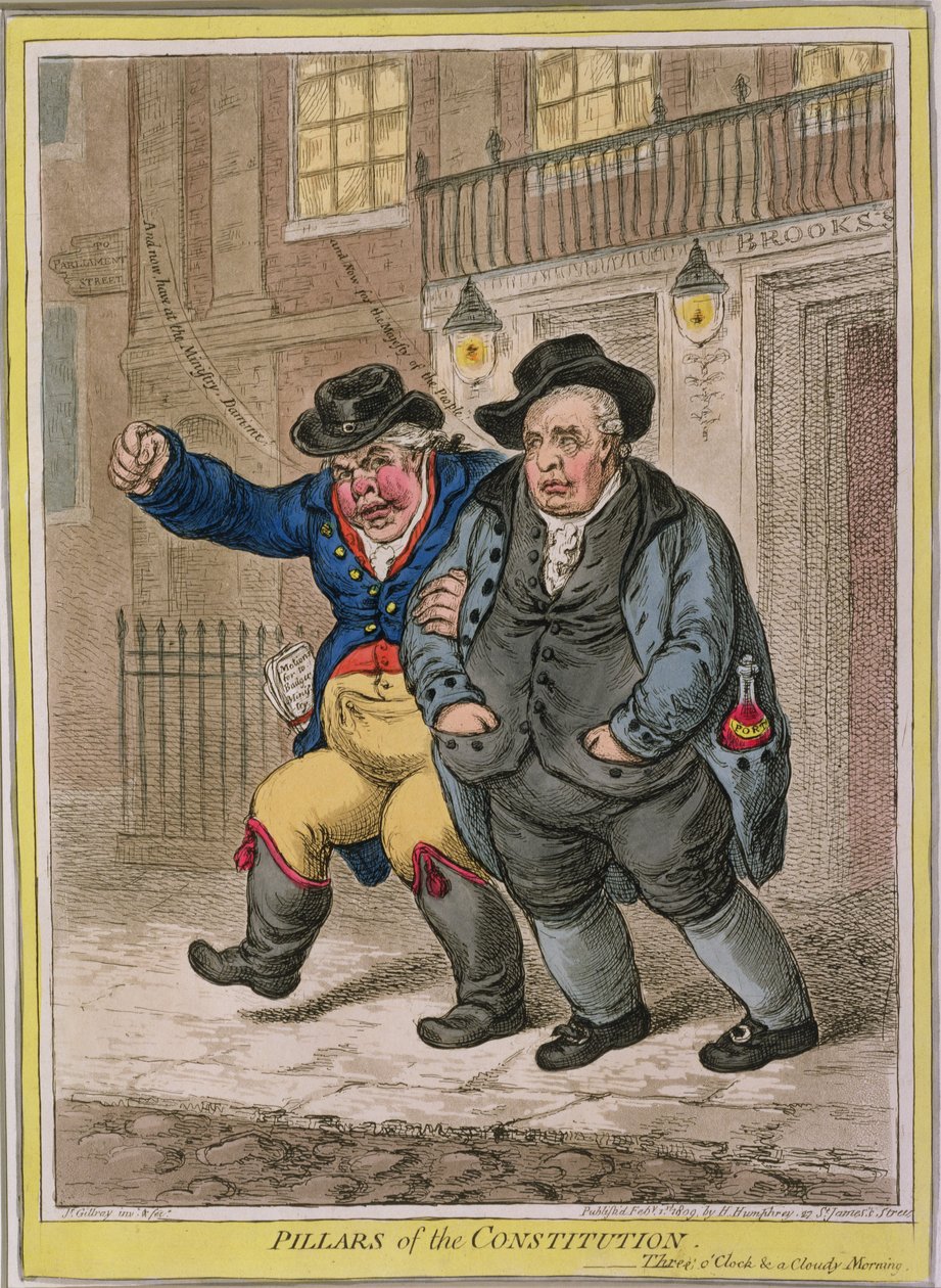 Säulen der Verfassung: Drei Uhr und ein bewölkter Morgen, veröffentlicht von Hannah Humphrey im Jahr 1809 von James Gillray