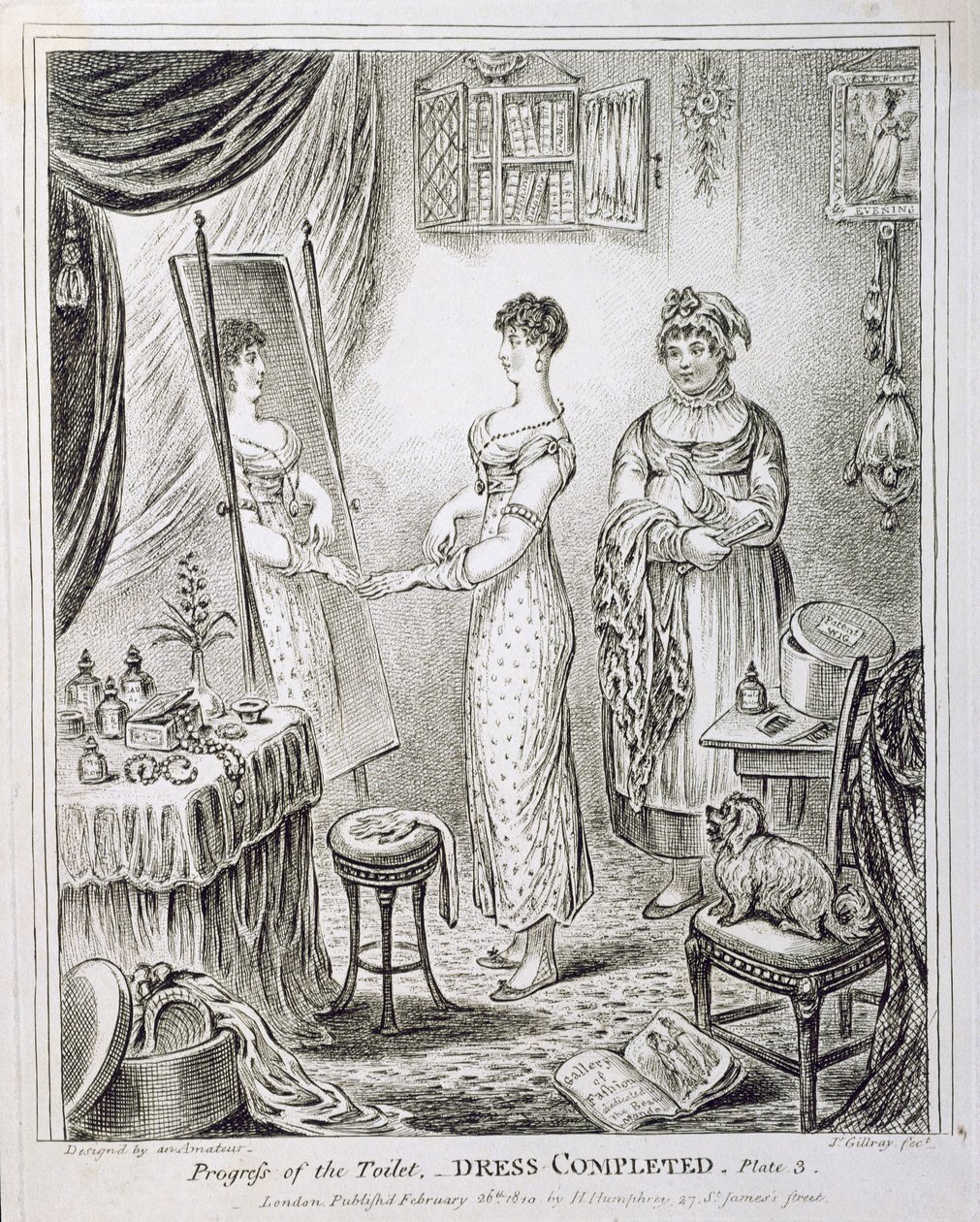 Fortschritt der Toilette, oder das Ankleiden abgeschlossen, veröffentlicht von Hannah Humphrey im Jahr 1810 von James Gillray