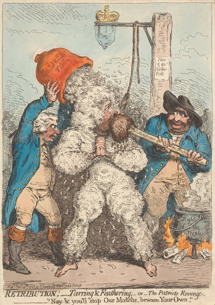 Vergeltung; - Teeren und Federn; - oder - Die Rache der Patrioten, - Nein, ihr werdet uns den Mund stopfen, hütet euch vor eurem eigenen von James Gillray