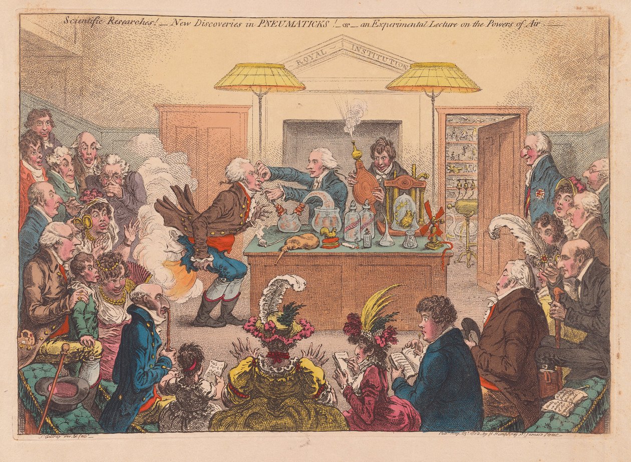 Wissenschaftliche Forschungen! Neue Entdeckungen in der Pneumatik! Oder eine experimentelle Vorlesung über die Kräfte der Luft von James Gillray