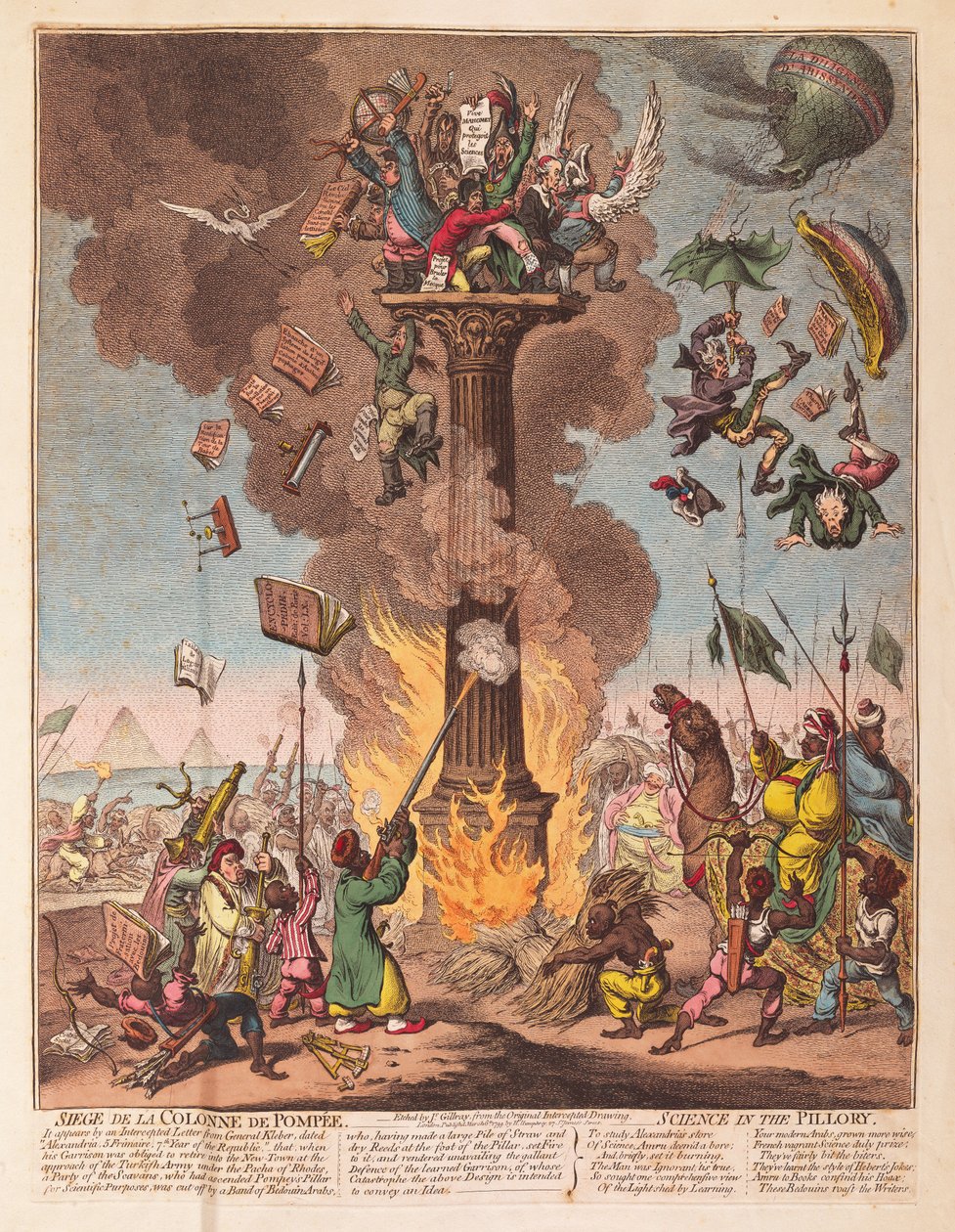 Belagerung der Pompejussäule, Wissenschaft am Pranger, veröffentlicht 1799 von James Gillray