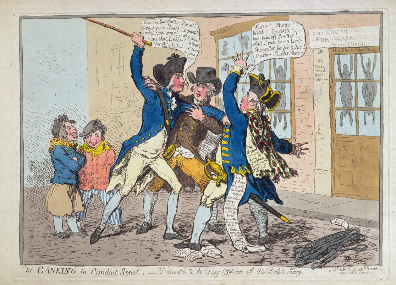 Die Prügelstrafe in der Conduit Street, veröffentlicht von Hannah Humphrey im Jahr 1796 (handkolorierte Radierung) von James Gillray