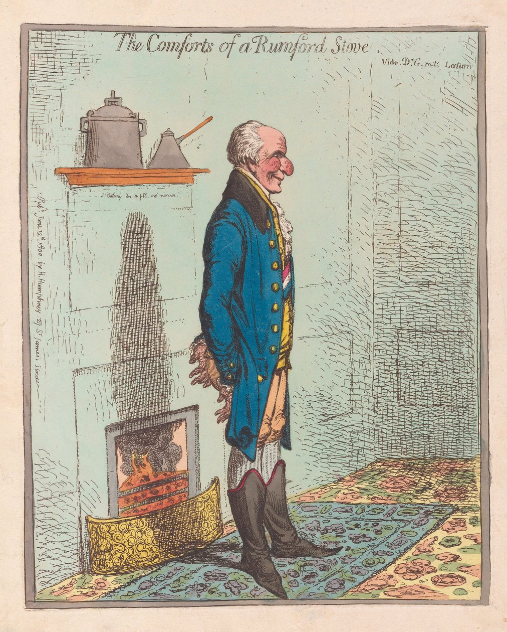 Die Annehmlichkeiten eines Rumford-Ofens, veröffentlicht 1800 (handkolorierte Gravur) von James Gillray
