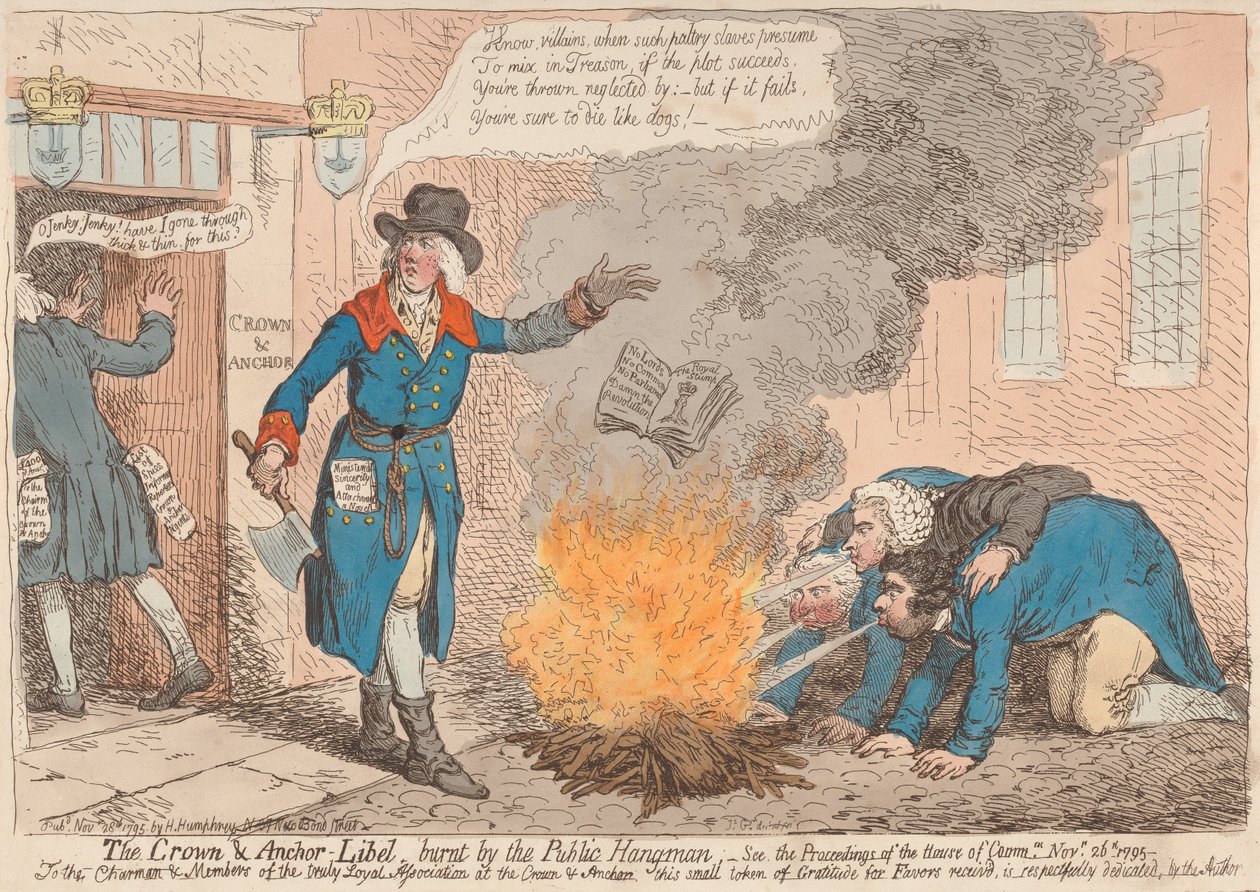 The Crown & Anchor - Verleumdung, vom öffentlichen Henker verbrannt (aus: Karikatur, Bd. 1) von James Gillray
