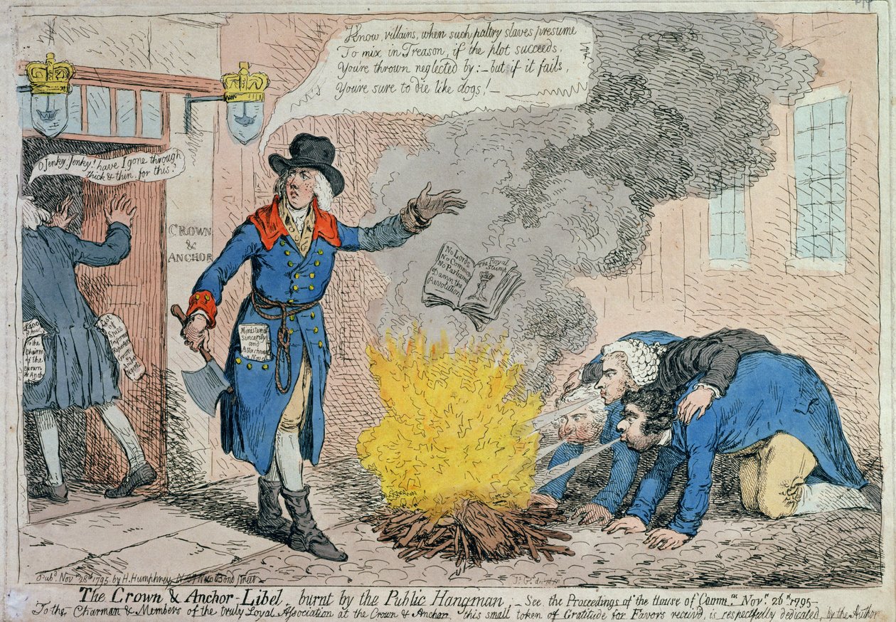 Die Crown und Anchor Verleumdung verbrannt vom öffentlichen Henker, veröffentlicht von Hannah Humphrey 1795 von James Gillray